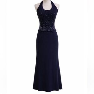 Vintage Scott McClintock Millennium 2000 Navy Rhinestone Halter Gown Petite 8